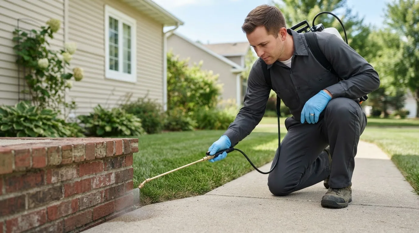 Pest control technician treating a home near Alpaugh, CA
